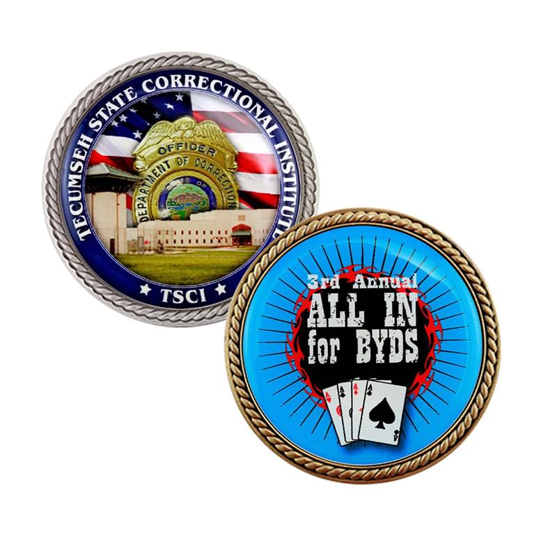 Challenge Coin Brass w/ Rope Border - Full Color Imprint - 6 Day Production