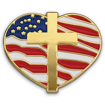 Heart W/ Cross and Flag - Patriotic Lapel Pins